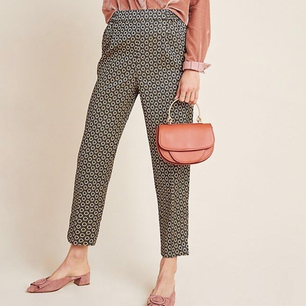 Anthropologie Larkin Gold Black Jacquard Tapered Slacks Old Money NWT S